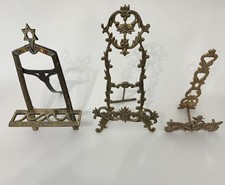 Vintage Brass Tabletop Easel Lot of 3 Israel Enamel Cherub Cupid Ornate Stands picture