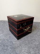 Vintage Japanese Jubako 3 Tier Stacking Lacquer Box Floral Black Red picture