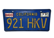 California License Plate Vintage Classic Blue 1980s 1991 Tag Collectible 921 HKV picture