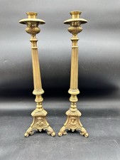 2 Antique Brass Jesus Mary Joseph Church Altar Candlesticks Brass Candlesticks picture