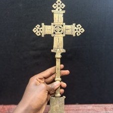 VINTAGE ETHIOPIAN ORTHODOX COPTIC PRIEST HANDHELD CROSS BRASS 11.8” X 5.1” picture