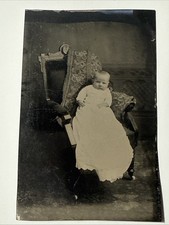 Infant Baby Long Christening Gown Elegant Chair antique 1870s Tintype Photo Vtg picture