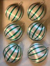 Vintage Pyramid Unbreakable Green Striped Satin Sheen Ornaments, Set of 6 picture