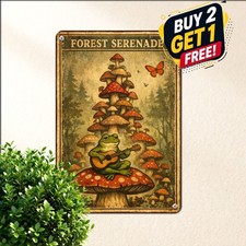 Frog Guitarist On Red Toadstool Sign Whimsical Fairy Garden Metal Tin Plaque picture