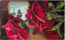 Happy Birthday Postcard Roses Lighthouse Sailboat Embossed Germany 1908 picture