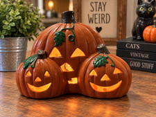 VTG Mid 1990’s Lighted Ceramic Pumpkin Trio Jack O Lantern Fall/Halloween Decor picture