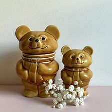 MCM Vintage Ceramic Bear Honey Pot Jar Set Retro Kitsch Brown Glazed Teddy Pair picture