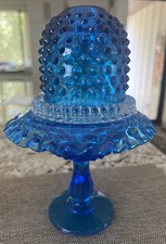 VTG Fenton Colonial Blue Hobnail 3 Piece Pedestal Footed Fairy Lamp 8.25