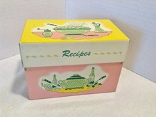 Vintage 1950's Ohio Art Recipe Card Holder Tin Metal Box USA Pink green yellow picture