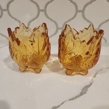 Vintage Party Lite Amber Glass Votive Leaf Candle Holders Set Of 2 picture