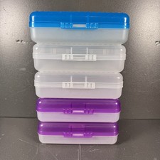 5 VTG Spacemaker Pencil Storage Boxes Eldon Purple Sheer Clear Blue Lot USA picture