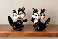 Vintage Ceramic Skunk Figurines Pair Black White Hand Painted Glossy Retro picture