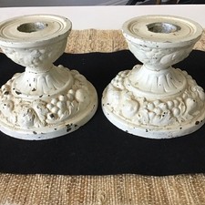 Antique Pair Country French Candle Holders / White Metal Fruit Motif Very Old picture