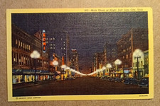 '40s Salt Lake City Utah Main Street at Night Linen Postcard Lights Signs Temple picture