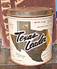 1950S TEXAS LEADER 1 & 1/2 POUND COFFEE & CHICORY TIN CAN SAN ANTONIO TX W/ LID picture