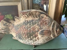 Vintage Mid Century Terracotta Fish Sculpture 12” Hand Painted Clay Folk Art picture