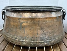 French Antique Hammered and Chased Copper Cauldron Bucket Basket With Handles picture