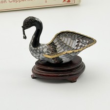 Vintage Cloisonne Enamel Swan Bird Figurine with Wood Base Stand picture