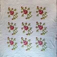 Antique 19th C Strawberry Or Pineapple Applique Quilt Turkey Red Green 10 SPI picture