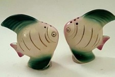 VTG MCM Angel Fish Salt Pepper Shakers Coastal Pink Green Anthromorphic w/corks picture