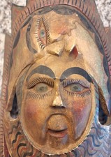 Vtg 1940s Mexican Folk Art Sun Moon Wood Mask Guerrero Deco Celestial Aniline  picture