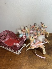 MCM Glitter Christmas Sleigh And 7 Rubber Leaping Swivel Head Reindeer Japan picture