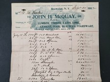 1902 antique JOHN H McQUAY brewster ny BILLHEAD lumber timber builder hardware picture