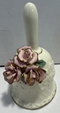 Vintage Ivory Porcelain/Ceramic Bell With Pink Roses & Gold Trim Good Condition picture