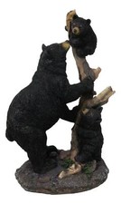 Rustic Forest Black Bear Mother and Her Cubs Climbing On Tree Trunk Figurine picture