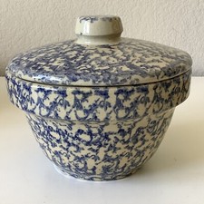 Vintage Roseville Blue Spongeware Crock Serving Bowl + Lid Robinson Ransbottom picture