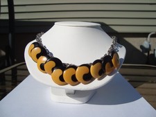 Unique Vintage Bakelite Button Necklace Black & Butterscotch Swirls Silver Tone picture