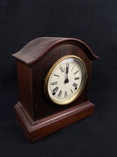 Vintage Wood Mantel Clock Roman Numeral Dial Curved Top Key Pendulum Ticking picture