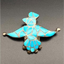 Vintage Navajo Native Thunderbird Turquoise Inlay Silver Pin Brooch Pendant picture