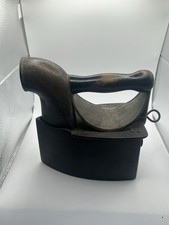 Antique 1800s  Charcoal Coal Cast Iron Sad Iron With Chimney Wood Handle picture