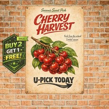 Sweet And Juicy Cherries Retro Look Wall Art Decor Metal Tin Sign 8x12 picture