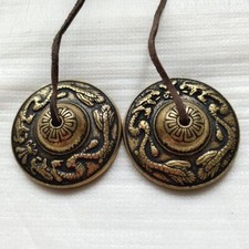Brass Nepalese Tingsha Cymbals Vintage Dragon Pattern Gong Folk Instrument Decor picture