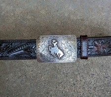 VTG STERLING 3x2 Bucking Bronco Western Buckle LK? Resistol Tooled Belt 34 EUC picture