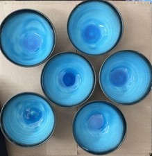 6pc Mino-Yaki Ceramic Rice Bowls Turquoise Ocean Blue Kannyu Crackle Japan picture