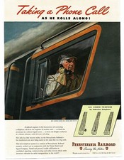 1945 Pennsylvania Railroad PRR Engineer Talks on Phone in cab Vintage Print Ad picture