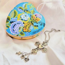 Brighton Silver Cross Pendant Ornament Charm w Floral Heart Tin Gift Box Set picture
