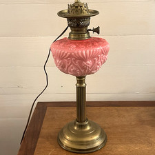 Atq Oil Lamp Cased Cranberry Glass Font Berries Duplex Burner Brass Base Electri picture