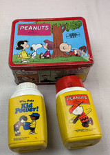 Vintage 1973 Peanuts by Schulz metal lunch box and plastic thermos set picture