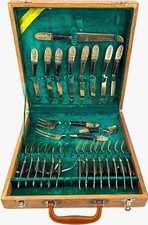 VTG Mid-Century Johny's Gems Gold Tone Brass & Wood 26 pc Flatware Set Thailand picture