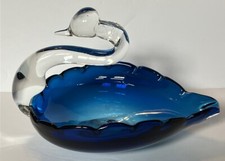 Art Glass Blue And Clear Swan Candy / Trinket Dish  Handblown 4.5” picture