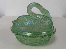 Fenton Swan Themed Green Carnival Glass Covered Dish. Late 20thC Mint Condition picture