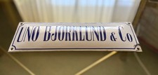 Vintage Finnish Porcelain Enamel Sign Uno Björklund & Co Bank Door Plaque 12x4 picture