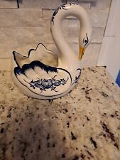 Swan Planter VTG Hand Painted Portugal Reel Floral Blue White  Small Chip  picture