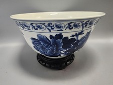 Vintage Blue and White Chinese Handpainted Bowl W/Butterflies Signed, With Stand picture