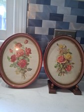 Two Vintage oval framed w/glass roses pictures picture