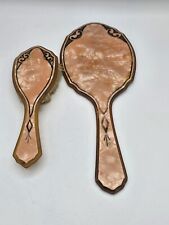VANITY ART DECO 1930's PINK Mother of Pearl Lucite Beveled Hand Mirror , Brush  picture